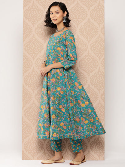 Women's Blue Floral Anarkali Kurta Trouser And Dupatta Set