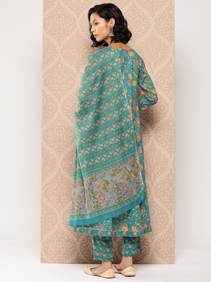 Women's Blue Floral Anarkali Kurta Trouser And Dupatta Set