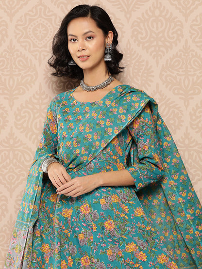Women's Blue Floral Anarkali Kurta Trouser And Dupatta Set