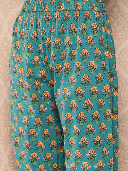 Women's Blue Floral Anarkali Kurta Trouser And Dupatta Set