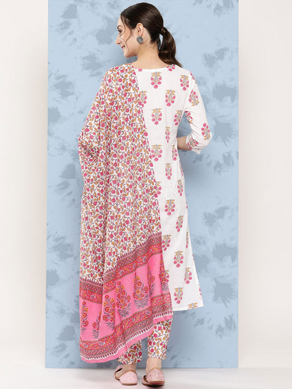 Women's White Floral Straight Kurta Trouser And Dupatta Set