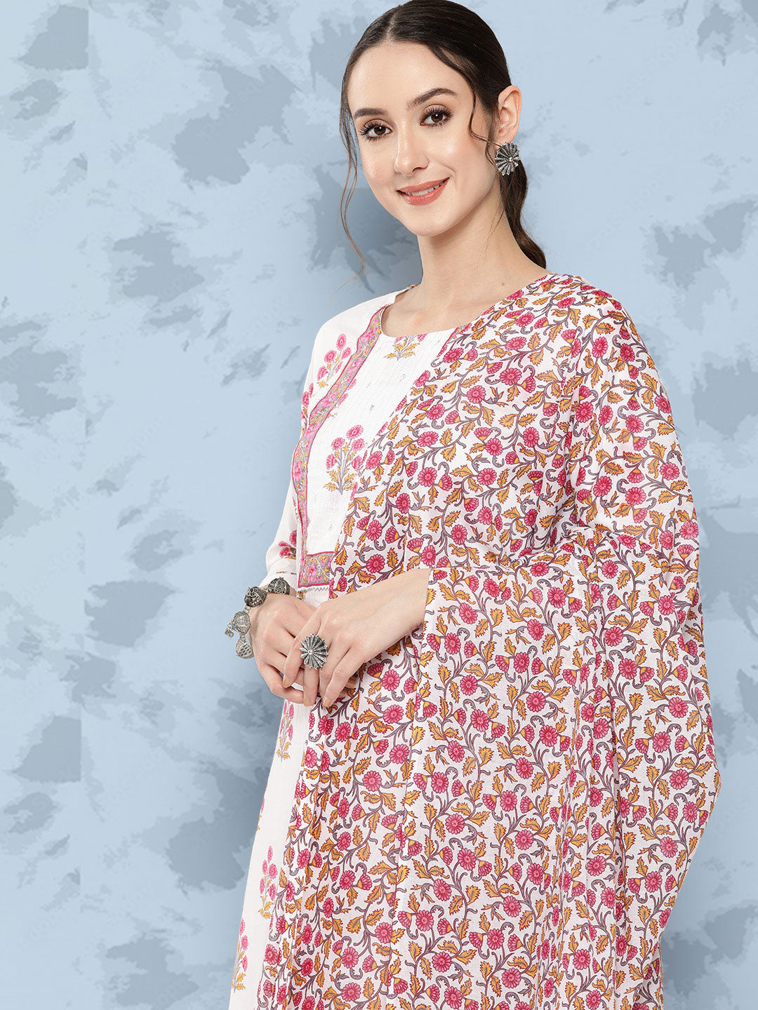 Women's White Floral Straight Kurta Trouser And Dupatta Set