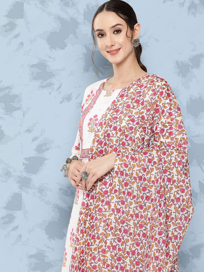 Women's White Floral Straight Kurta Trouser And Dupatta Set
