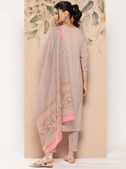 Women's Mauve Floral Straight Kurta Trouser And Dupatta Set