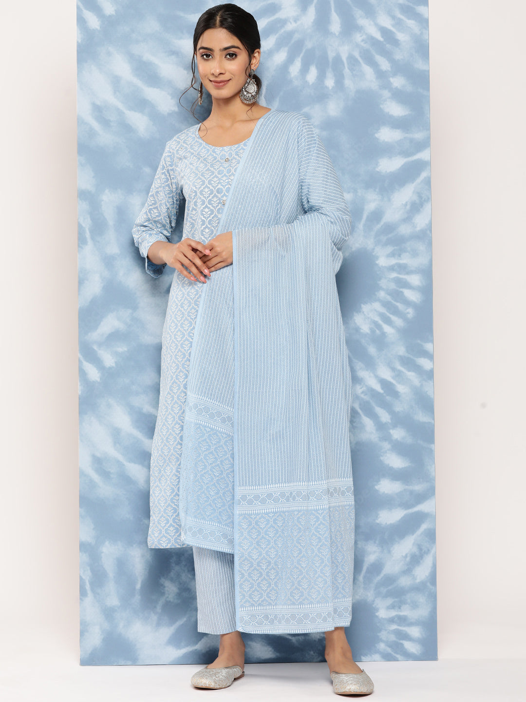 Women's Sky Blue Printed Straight Kurta Trouser And Dupatta Set