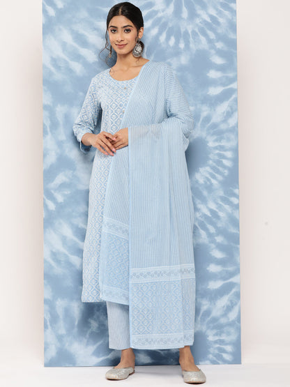 Women's Sky Blue Printed Straight Kurta Trouser And Dupatta Set