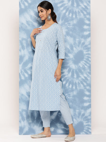 Women's Sky Blue Printed Straight Kurta Trouser And Dupatta Set