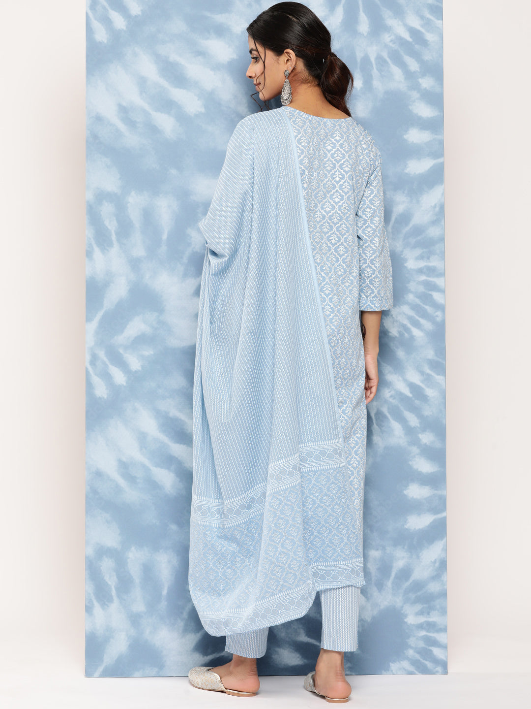 Women's Sky Blue Printed Straight Kurta Trouser And Dupatta Set