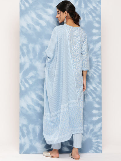 Women's Sky Blue Printed Straight Kurta Trouser And Dupatta Set