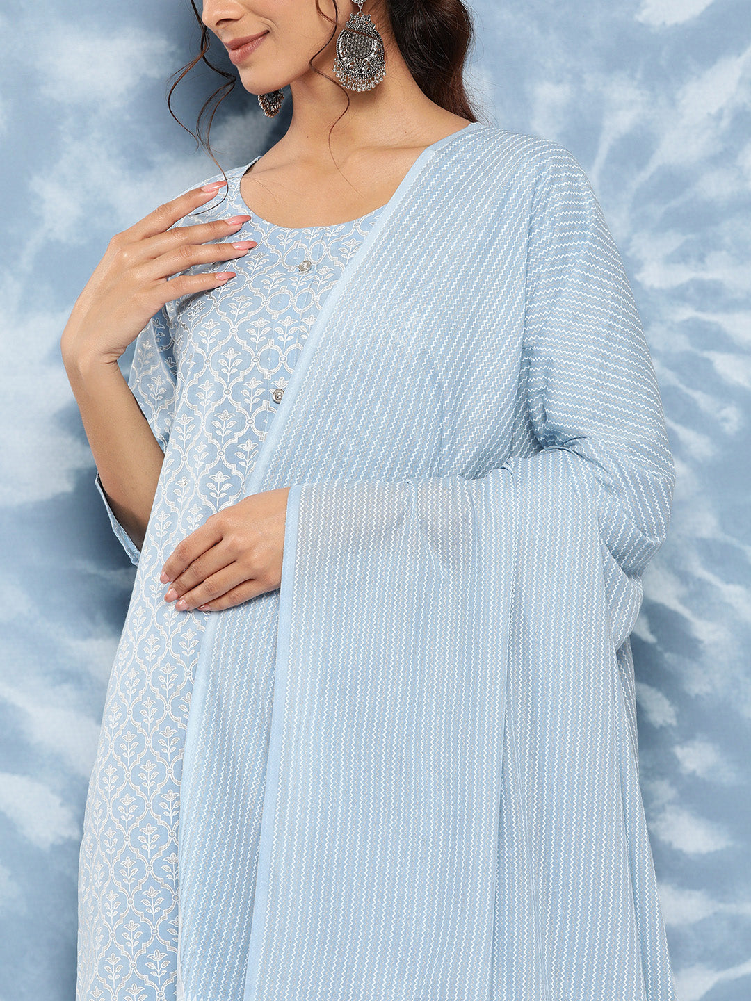 Women's Sky Blue Printed Straight Kurta Trouser And Dupatta Set