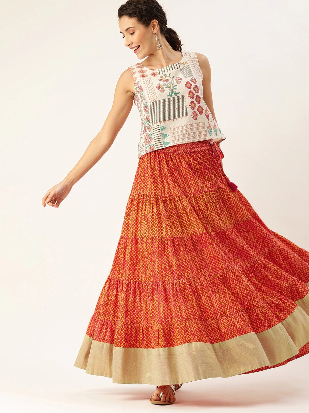 Women's Rust Orange & Mustard Yellow Dyed Tiered Flared Maxi Cotton Skirt