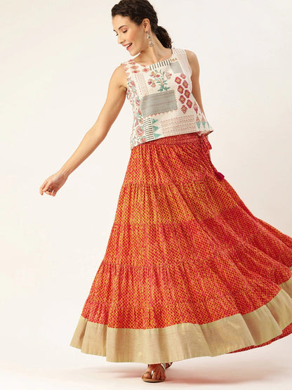 Women's Rust Orange & Mustard Yellow Dyed Tiered Flared Maxi Cotton Skirt