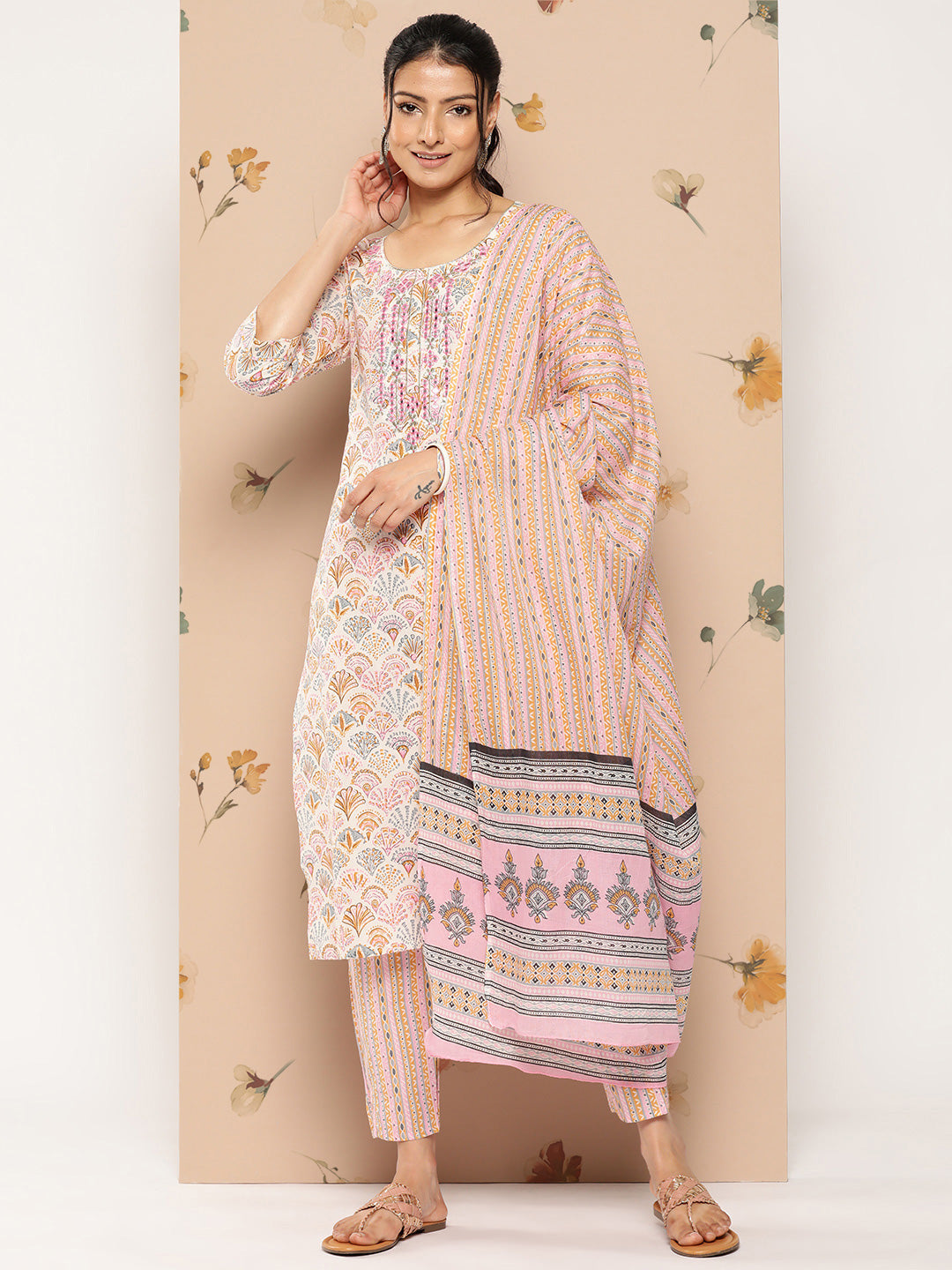 Women's Peach And White Floral Straight Kurta Trouser And Dupatta Set