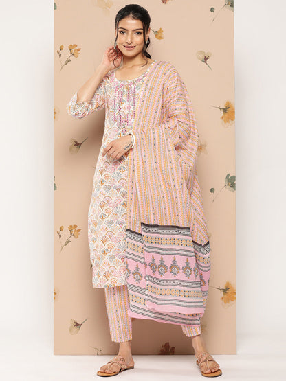 Women's Peach And White Floral Straight Kurta Trouser And Dupatta Set