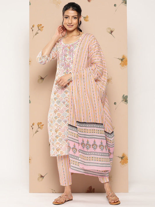 Women's Peach And White Floral Straight Kurta Trouser And Dupatta Set