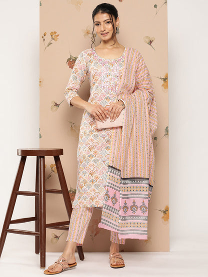 Women's Peach And White Floral Straight Kurta Trouser And Dupatta Set