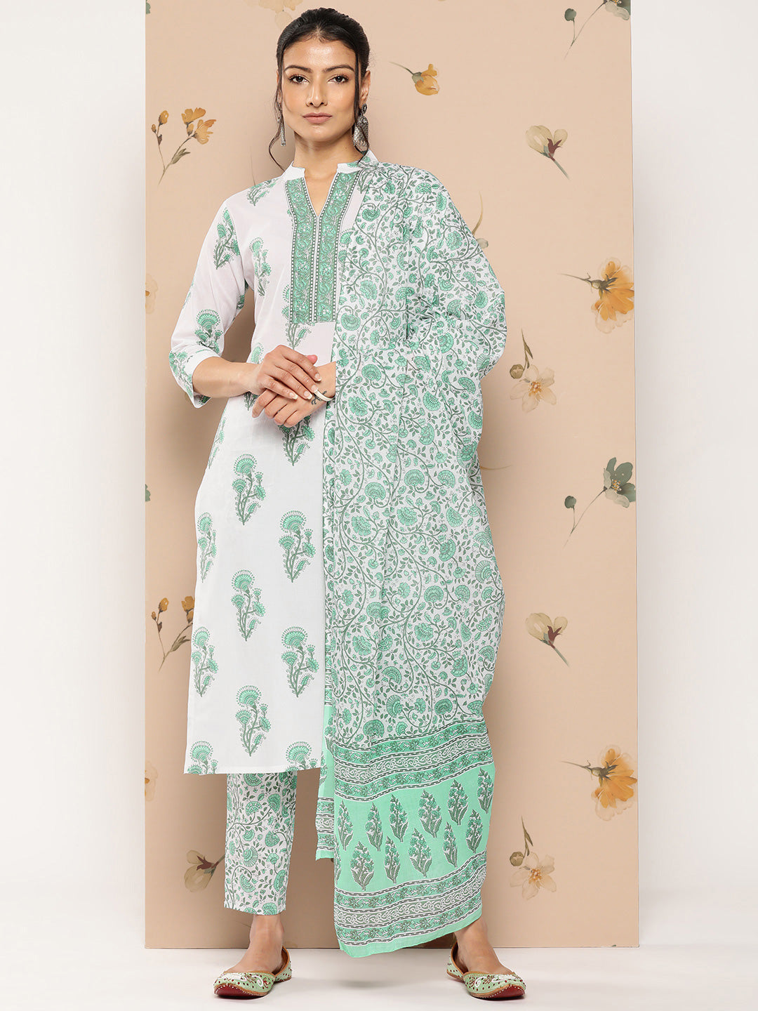 Women's White And Green Floral Straight Kurta Trouser And Dupatta Set