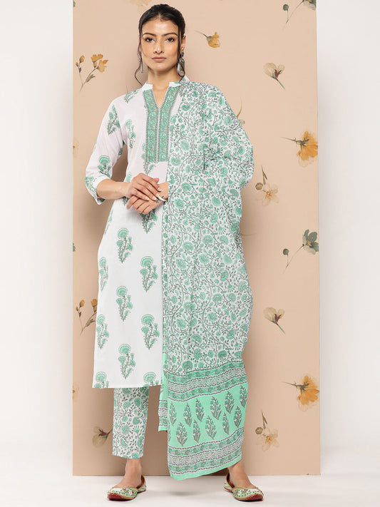 Women's White And Green Floral Straight Kurta Trouser And Dupatta Set