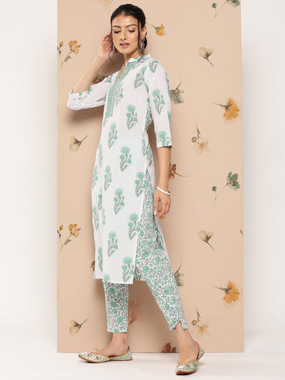 Women's White And Green Floral Straight Kurta Trouser And Dupatta Set