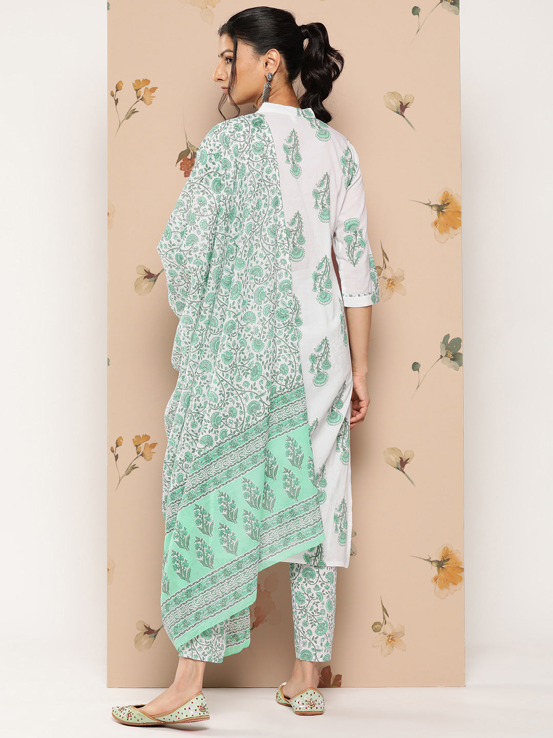 Women's White And Green Floral Straight Kurta Trouser And Dupatta Set