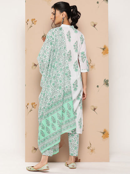 Women's White And Green Floral Straight Kurta Trouser And Dupatta Set