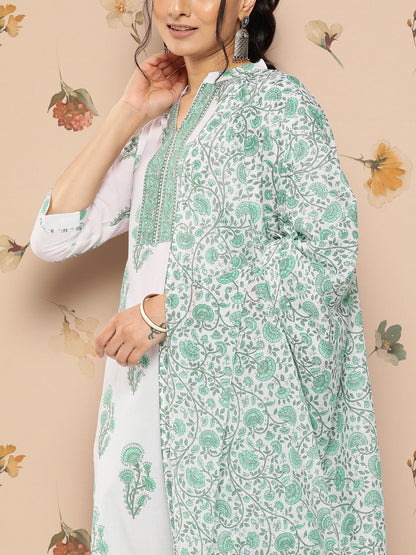 Women's White And Green Floral Straight Kurta Trouser And Dupatta Set