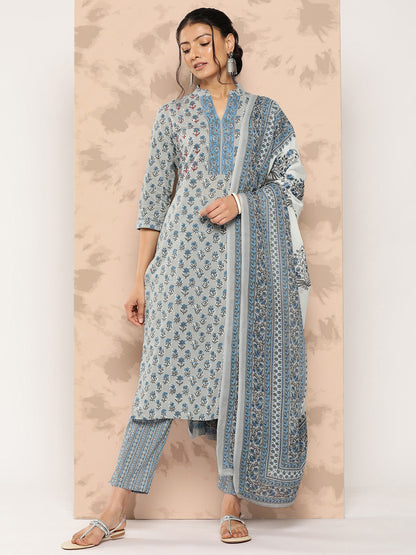 Women's Grey Floral Straight Kurta Trouser And Dupatta Set