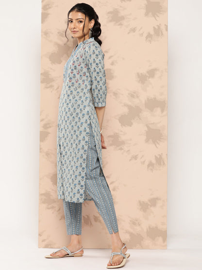 Women's Grey Floral Straight Kurta Trouser And Dupatta Set