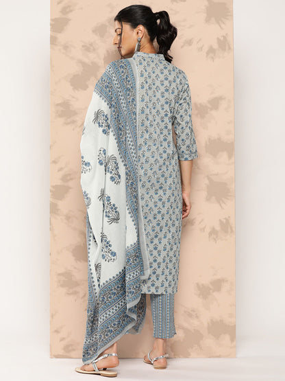 Women's Grey Floral Straight Kurta Trouser And Dupatta Set
