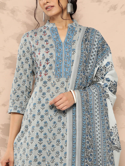 Women's Grey Floral Straight Kurta Trouser And Dupatta Set