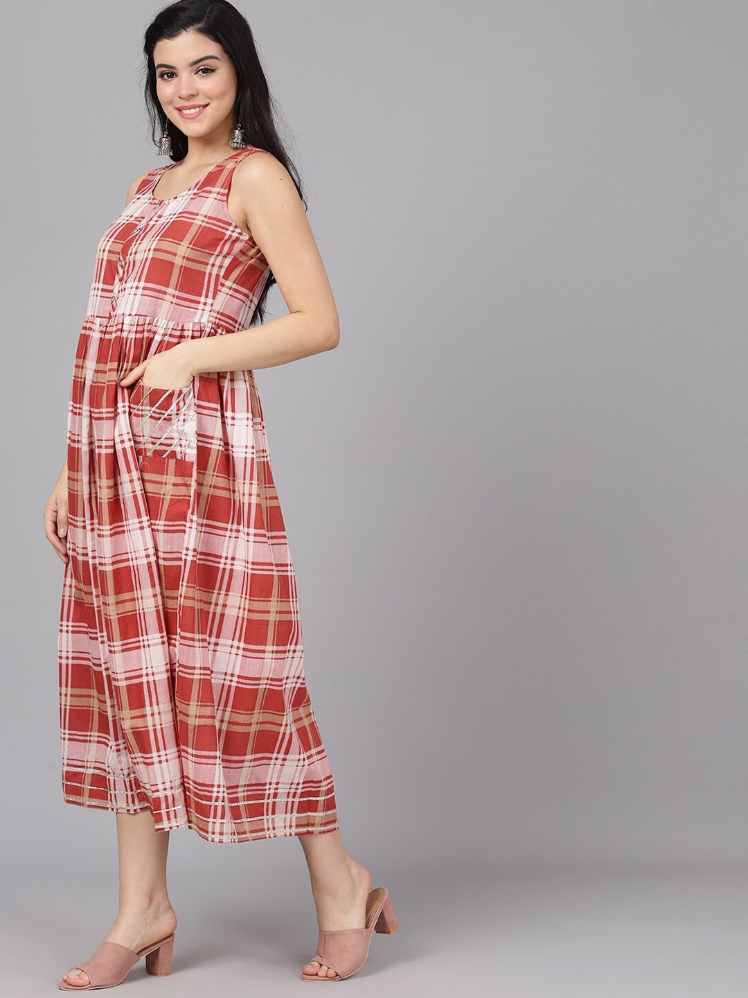 Women's  Rust Red & Off-White Checked A-Line Dress