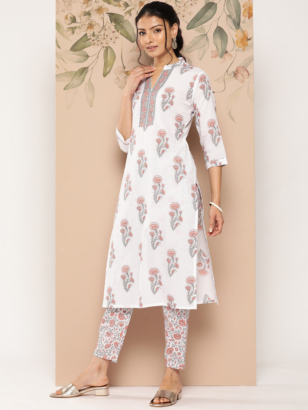 Women's White And Orange Floral Straight Kurta Trouser And Dupatta Set