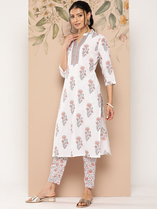 Women's White And Orange Floral Straight Kurta Trouser And Dupatta Set