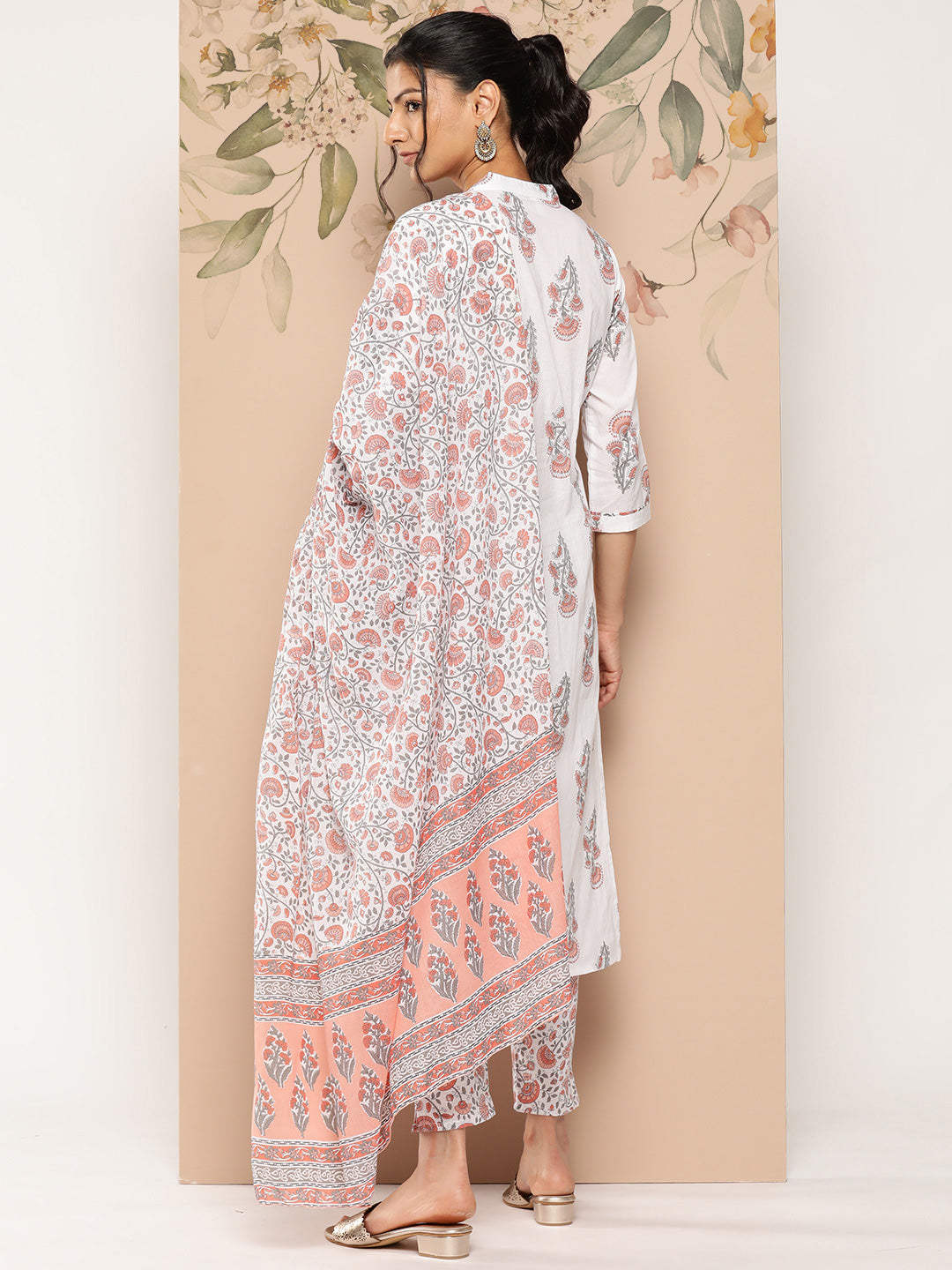 Women's White And Orange Floral Straight Kurta Trouser And Dupatta Set