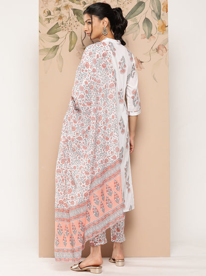 Women's White And Orange Floral Straight Kurta Trouser And Dupatta Set