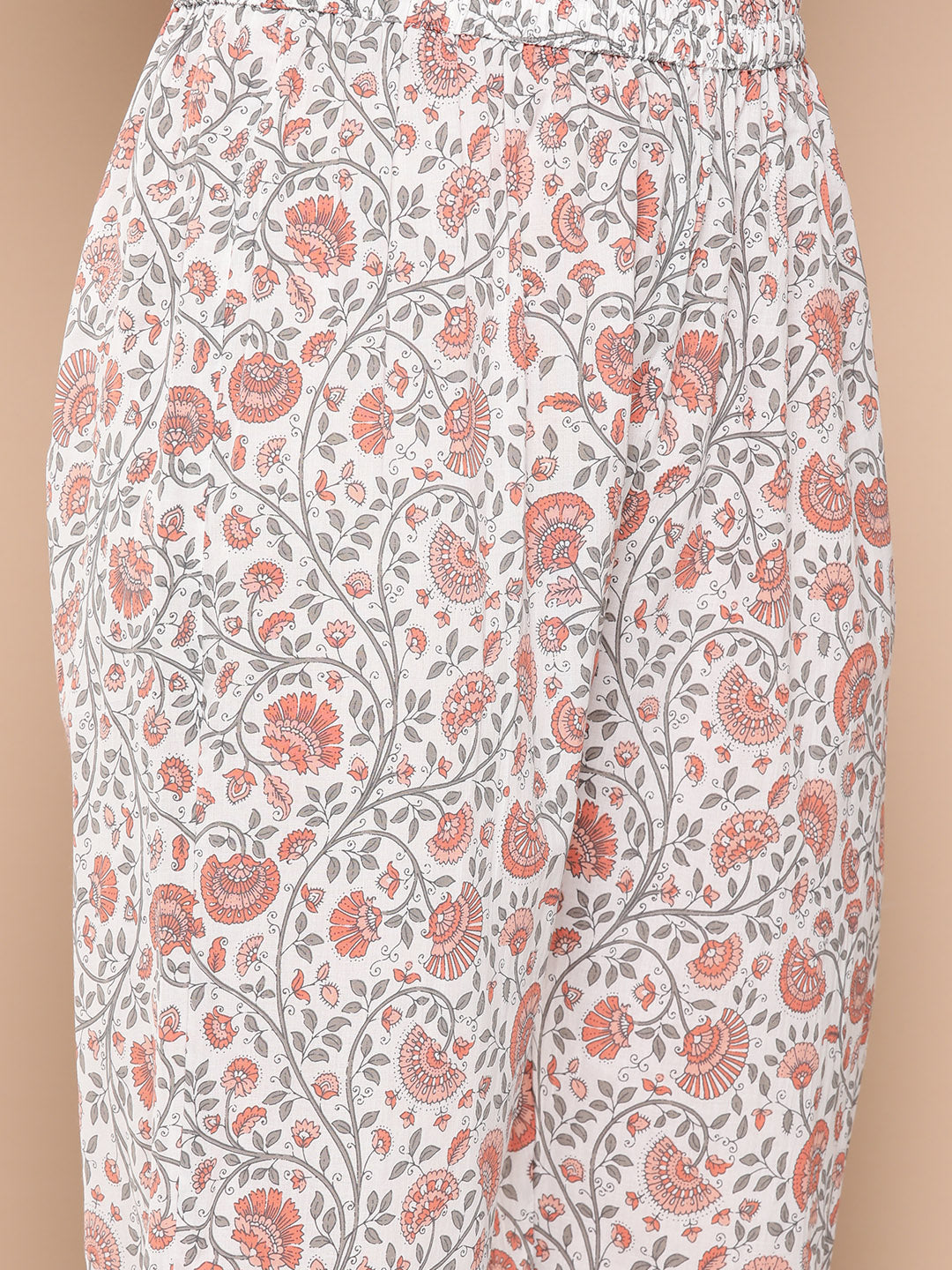Women's White And Orange Floral Straight Kurta Trouser And Dupatta Set