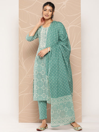 Women's Green Bandhani Straight Kurta Trouser And Dupatta Set