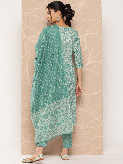 Women's Green Bandhani Straight Kurta Trouser And Dupatta Set