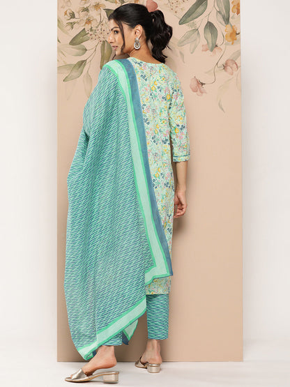Women's Multicolor Floral Straight Kurta Trouser And Dupatta Set