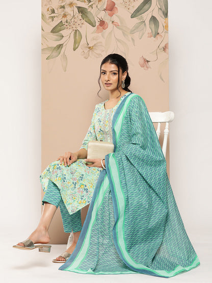 Women's Multicolor Floral Straight Kurta Trouser And Dupatta Set