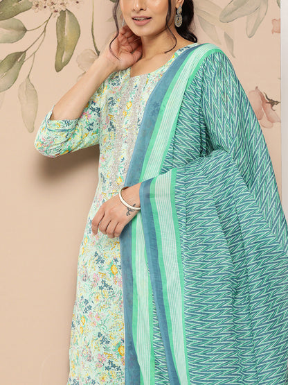Women's Multicolor Floral Straight Kurta Trouser And Dupatta Set
