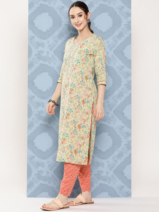 Women's Sea Green Floral Straight Kurta Trouser And Dupatta Set