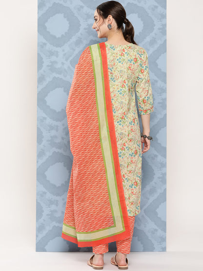 Women's Sea Green Floral Straight Kurta Trouser And Dupatta Set
