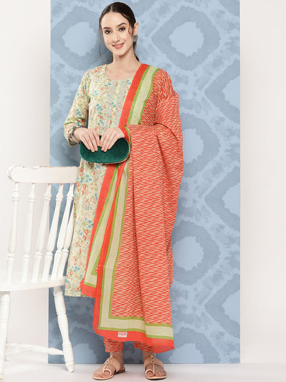 Women's Sea Green Floral Straight Kurta Trouser And Dupatta Set