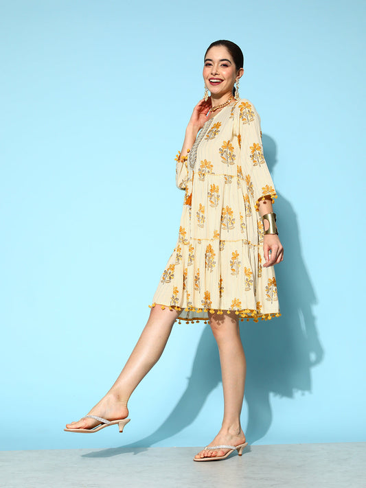 Women's Mustard Floral Fit And Flare Dress