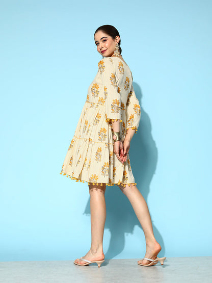 Women's Mustard Floral Fit And Flare Dress