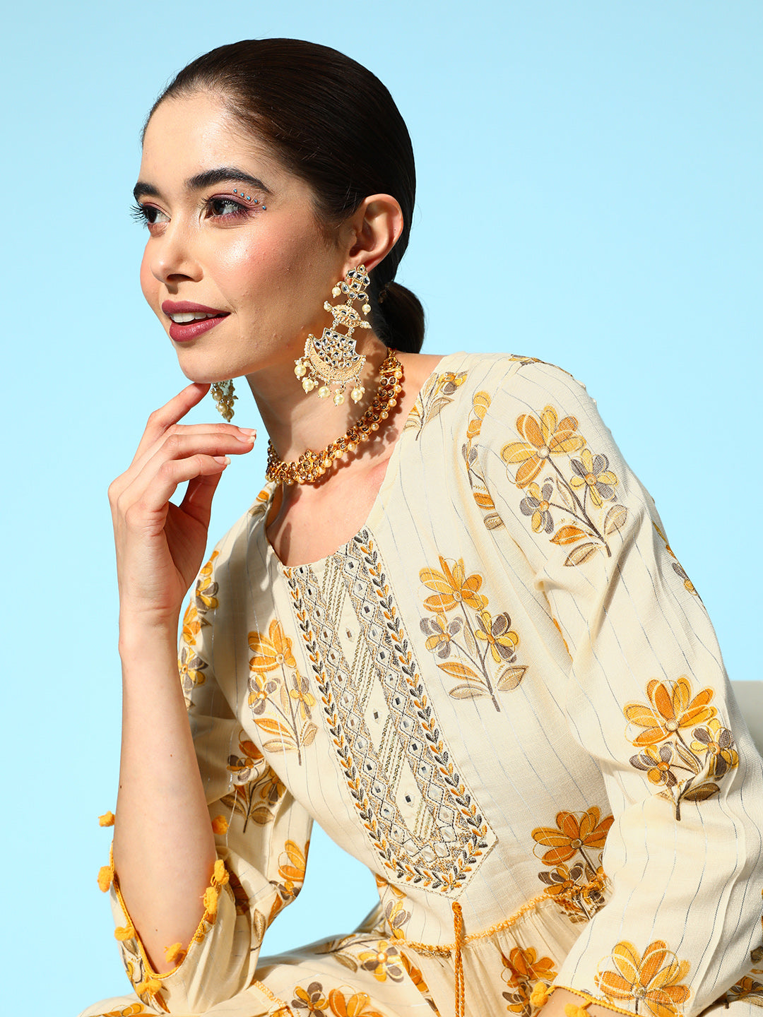 Women's Mustard Floral Fit And Flare Dress