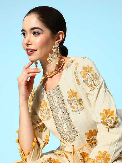 Women's Mustard Floral Fit And Flare Dress
