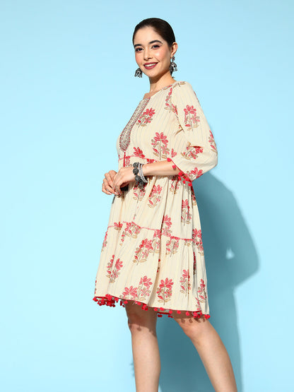 Women's Pink Floral Fit And Flare Dress