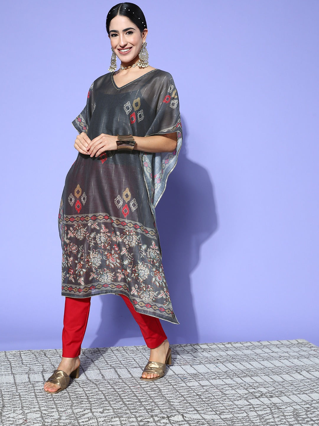 Women's Grey Geometric Kaftan Kurta